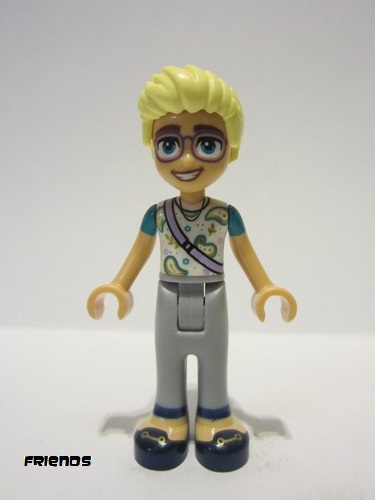 lego 2023 mini figurine frnd588 Olly White Paisley Shirt, Lavender Sling Pack, Light Bluish Gray Trousers, Dark Blue Shoes 