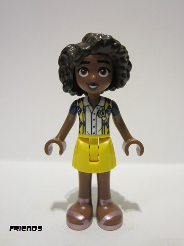 lego 2023 mini figurine frnd609 Aliya Dark Blue Vest with Diamonds over White Blouse, Yellow Skirt, Metallic Pink Sandals 