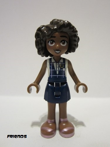 lego 2023 mini figurine frnd612 Aliya Dark Blue Gym Slip Top over White Blouse, Dark Blue Skirt, Metallic Pink Sandals 