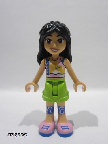 lego 2023 mini figurine frnd614 Liann Bright Pink, Yellow, Blue, and White Tank Top, Lime Shorts, Blue Kneepads, Bright Pink Shoes 