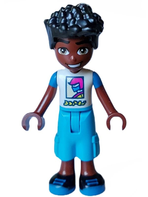 lego 2023 mini figurine frnd616 Zac White and Blue Shirt with Racer, Dark Azure Trousers Cropped Large Pockets, Black Shoes 
