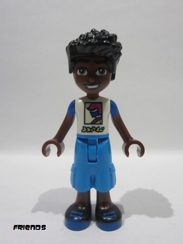 lego 2023 mini figurine frnd616 Zac White and Blue Shirt with Racer, Dark Azure Trousers Cropped Large Pockets, Black Shoes 