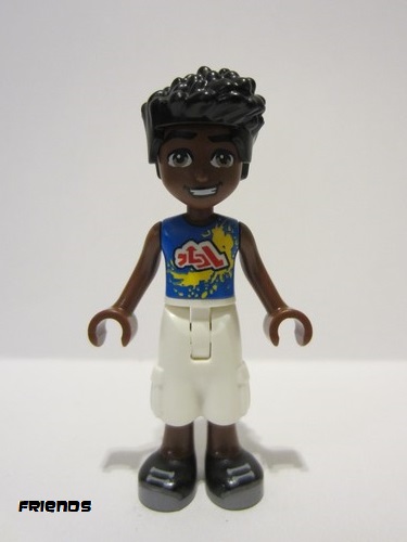 lego 2023 mini figurine frnd629 Zac Blue Sleeveless Shirt with Yellow Splotches, White Trousers Cropped Large Pockets, Black Shoes 