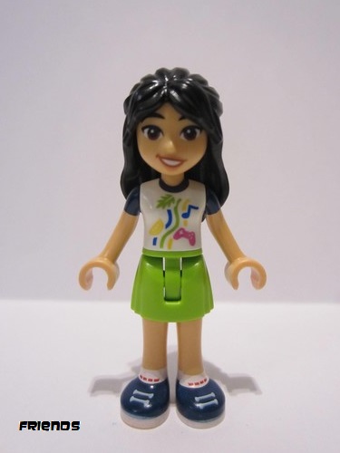 lego 2023 mini figurine frnd631 Liann White Shirt with Dark Blue Short Sleeves, Lime Skirt, Dark Blue Shoes 