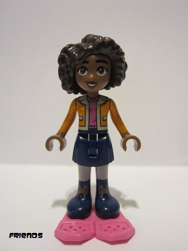 lego 2023 mini figurine frnd664 Aliya Orange Jacket over Dark Pink Sweater, Dark Blue Skirt, Dark Pink Snowshoes 