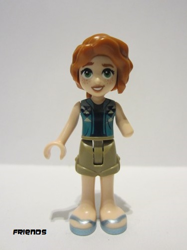 lego 2024 mini figurine frnd677 Autumn Dark Turquoise Vest over Dark Blue Shirt, Dark Tan Shorts, Metallic Light Blue Sandals 