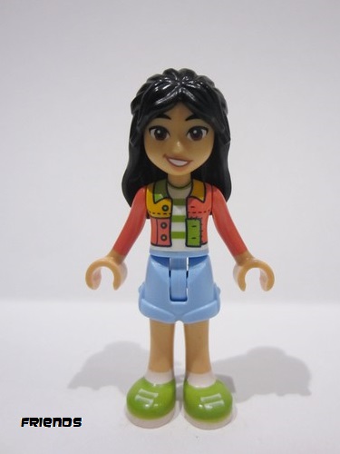 lego 2024 mini figurine frnd718 Liann Coral Patchwork Jacket, Bright Light Blue Shorts, Lime Shoes 