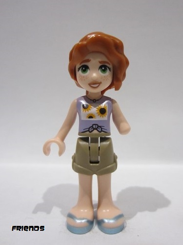 lego 2024 mini figurine frnd721 Autumn Lavender Vest with Sunflowers, Dark Tan Shorts, Metallic Light Blue Sandals 