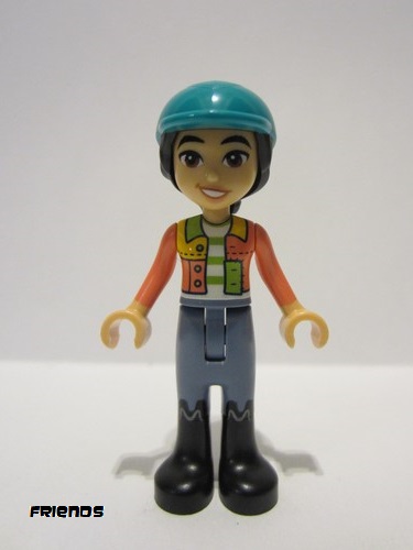 lego 2024 mini figurine frnd734 Liann Coral Jacket, Sand Blue Trousers, Black Boots, Dark Turquoise Horse Riding Helmet 