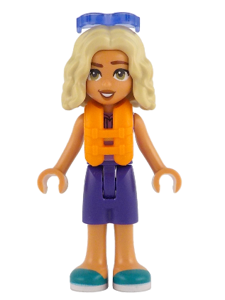 lego 2025 mini figurine frnd826 Nova Medium Lavender Sleeveless Hoodie with Dachshund, Dark Purple Shorts, Dark Turquoise Shoes, Orange Life Jacket, Trans-Purple Sunglasses 