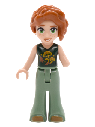 lego 2025 mini figurine frnd854 Autumn Dark Green Top with Mushrooms, Sand Green Trousers Bell-Bottoms, Medium Nougat Shoes 