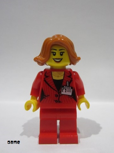 lego 2016 mini figurine game011 Press Woman / Reporter Red Legs, Dark Orange Female Hair Short Swept Sideways, Peach Lips, Open Mouth Smile 