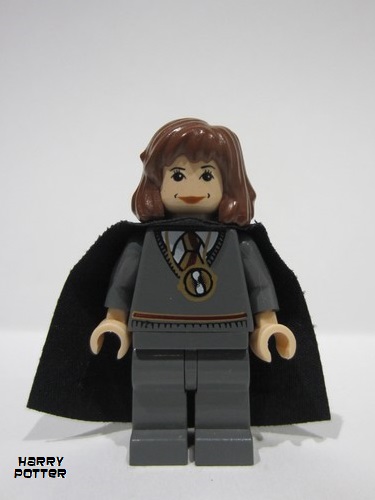 lego 2004 mini figurine hp063 Hermione Gryffindor Stripe Torso w/ Necklace Time Turner, Dark Bluish Gray Legs, Plain Black Cape 