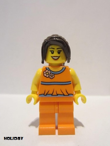 lego 2013 mini figurine hol015 Citizen Orange Halter Top with Medium Blue Trim and Flowers Pattern, Orange Legs, Dark Brown Hair Ponytail Long with Side Bangs 