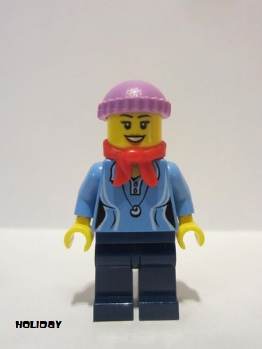 lego 2013 mini figurine hol029 Citizen Medium Blue Female Shirt with Two Buttons and Shell Pendant, Dark Blue Legs, Red Bandana, Medium Lavender Knit Cap 