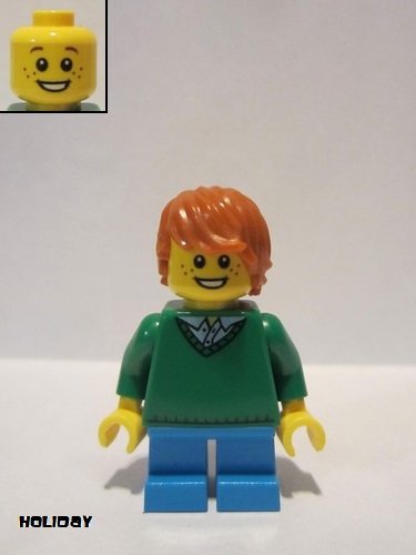 lego 2015 mini figurine hol058 Citizen Green V-Neck Sweater, Blue Short Legs, Dark Orange Tousled Hair 