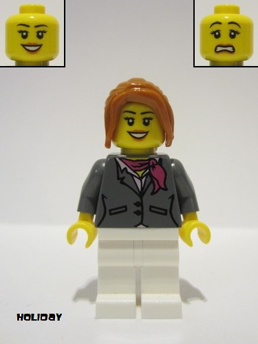 lego 2015 mini figurine hol068 Citizen Dark Bluish Gray Jacket with Magenta Scarf, White Legs, Dark Orange Hair Ponytail Long with Side Bangs 