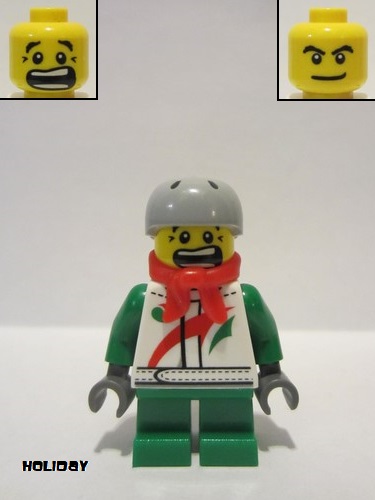 lego 2015 mini figurine hol070b Octan Jacket with Red and Green Stripe, Green Short Legs, Red Bandana, Helmet Sports with Vent Holes, Black Eye Corner Crinkles 