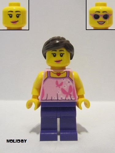 lego 2017 mini figurine hol083 Girl Bright Pink Top with Butterflies and Flowers, Dark Purple Legs, Dark Brown Ponytail and Swept Sideways Fringe 