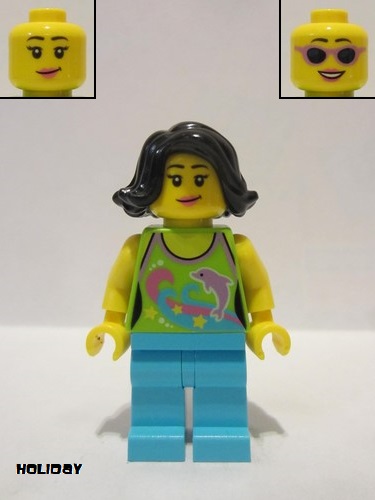 lego 2017 mini figurine hol089 Citizen Female Lime Halter Top with Dolphin Pattern, Medium Azure Legs, Black Female Hair Short Swept Sideways 