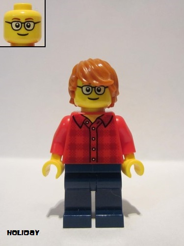 lego 2018 mini figurine hol131 Citizen Plaid Flannel Shirt with Collar and 5 Buttons, Dark Blue Legs, Dark Orange Hair, Glasses 