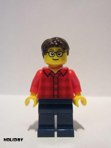 lego 2018 mini figurine hol131a Citizen Plaid Flannel Shirt with Collar and 5 Buttons, Dark Blue Legs, Dark Brown Hair, Glasses 