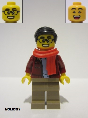 lego 2020 mini figurine hol187 Man Black Hair, Glasses, Red Scarf, Dark Red Jacket, Sand Blue Shirt, Dark Tan Legs 