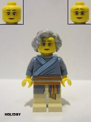 lego 2020 mini figurine hol192 Porcelain Vendor Female, Light Bluish Gray Hair, Glasses, Sand Blue Tunic, Medium Nougat Sash, Tan Legs 