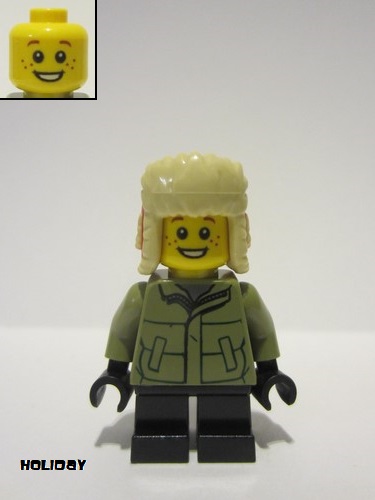 lego 2020 mini figurine hol214 Boy Olive Green Winter Jacket, Black Short Legs, Ushanka Hat 