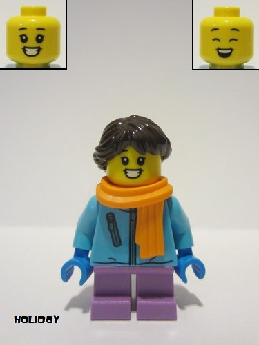 lego 2020 mini figurine hol215 Girl Medium Azure Winter Jacket, Medium Lavender Short Legs, Dark Brown Hair, Orange Scarf 