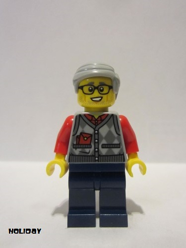 lego 2021 mini figurine hol221 Grandfather Argyle Cardigan over Red Shirt, Dark Blue Legs, Light Bluish Gray Hair 