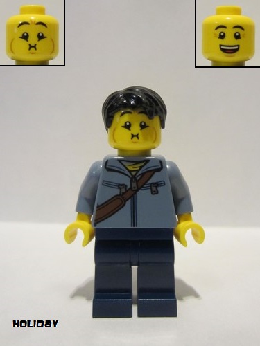 lego 2021 mini figurine hol226 Man Sand Blue Jacket and Reddish Brown Satchel, Dark Blue Legs, Black Hair 