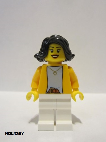 lego 2021 mini figurine hol227 Woman Bright Light Orange Jacket over Light Bluish Gray Shirt, White Legs, Black Mid-Length Hair 