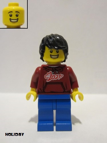 lego 2021 mini figurine hol228 Man Dark Red '2021' Shirt, Blue Legs, Black Hair 