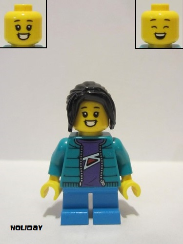 lego 2022 mini figurine hol276 Child Girl Dark Turquoise Jacket, Dark Purple Shirt, Dark Azure Short Legs, Black Long Hair 