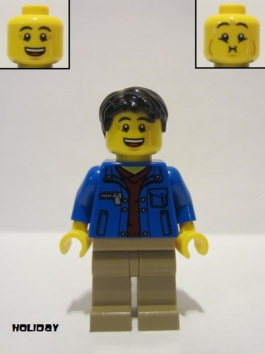 lego 2022 mini figurine hol282 Man Black Hair, Blue Jacket, Dark Red Shirt, Dark Tan Legs 