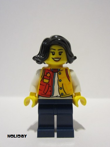 lego 2023 mini figurine hol307 Woman Red and Bright Light Orange Jacket, Dark Blue Legs, Black Hair 