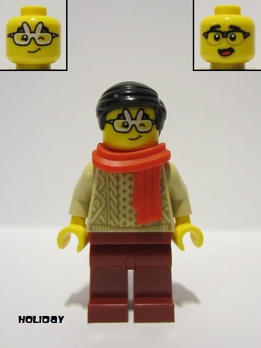 lego 2023 mini figurine hol309 Man Red Scarf, Tan Sweater, Dark Red Legs, Black Hair, Rabbit Glasses 