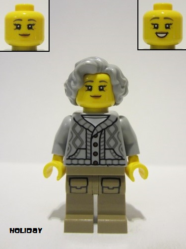 lego 2023 mini figurine hol326 Lodge Owner Female, Dark Tan Legs, Light Bluish Gray Cable Cardigan Sweater and Wavy Hair 