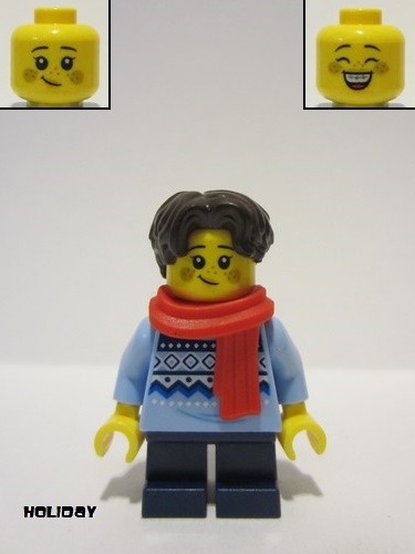 lego 2023 mini figurine hol327 Child Boy, Bright Light Blue Fair Isle Sweater, Dark Blue Short Legs, Red Scarf, Dark Brown Hair 