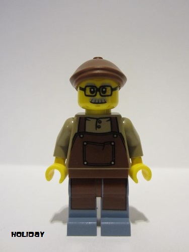 lego 2023 mini figurine hol328 Lodge Owner Male, Reddish Brown Apron, Sand Blue Legs, Reddish Brown Flat Cap, Glasses 