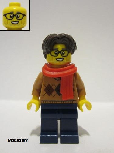 lego 2023 mini figurine hol334 Carriage Passenger Male, Medium Nougat Argyle Sweater, Dark Blue Legs, Dark Brown Wavy Hair, Black Glasses, Red Scarf 