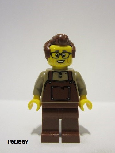 lego 2023 mini figurine hol349 Man Reddish Brown Hair, Dark Tan Shirt, Reddish Brown Overalls and Legs, Black Glasses 