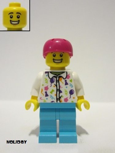 lego 2023 mini figurine twn469 Man White Party Shirt, Medium Azure Legs, Magenta Helmet 