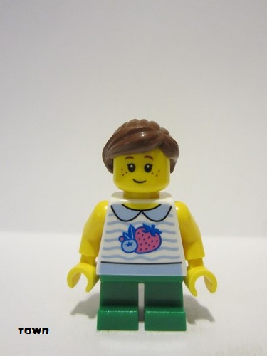 lego 2023 mini figurine twn470 Girl White Fruit Shirt, Green Short Legs, Reddish Brown Hair, Freckles 