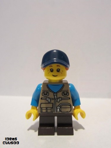 lego 2019 mini figurine idea054 Girl Freckles, Dark Tan Vest Over Dark Azure Shirt, Dark Blue Cap 