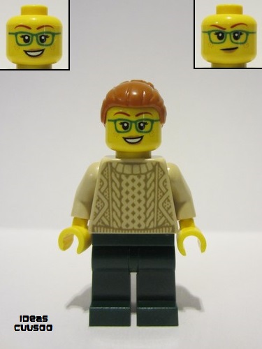 lego 2023 mini figurine idea148 Camper Female, Dark Orange Hair, Glasses, Tan Sweater, Dark Green Legs 