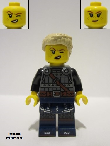 lego 2023 mini figurine idea170 Viking Shield-Maiden Dark Bluish Gray and Silver Armor, Dark Blue Legs with Trim, Tan Hair 