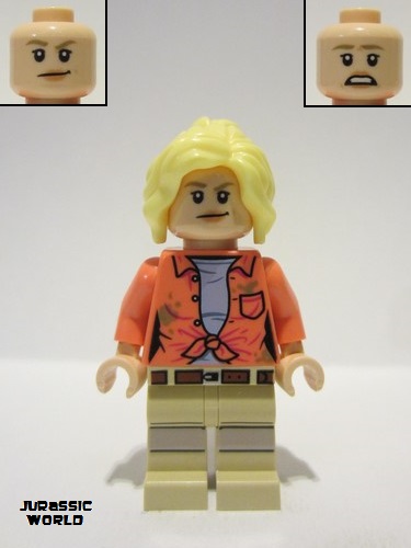 lego 2023 mini figurine jw107 Ellie Sattler Coral Shirt with Dark Tan Dirt Spots, Ponytail, Smirk / Scared Face 