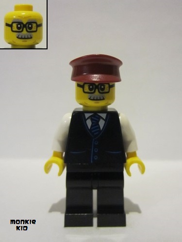 lego 2022 mini figurine mk070 Train Driver Male, Black Vest with Blue Striped Tie, Black Legs, Dark Red Hat, Glasses and Moustache 